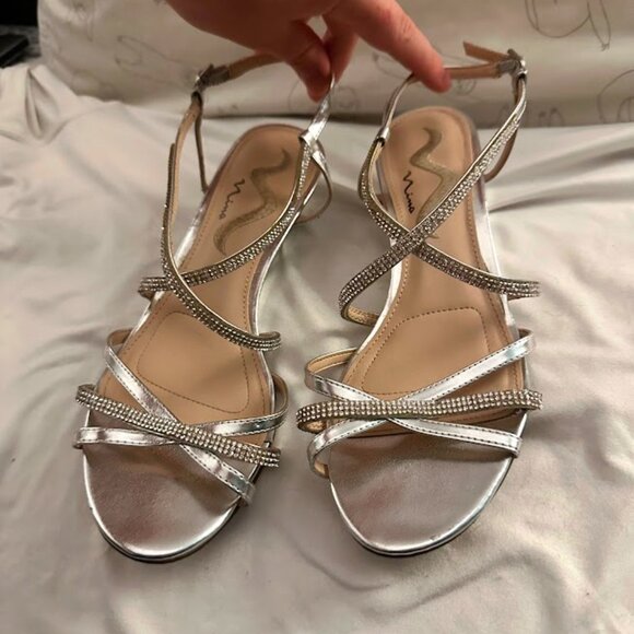 Nina Shoes - Nina Franya Dressy Silver Wedge Sandals | Women's Size 8.5 | Short Small Heels